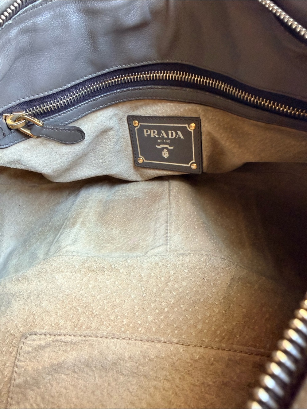 Prada Taupe Gray Leather Satchel Crossbody Bag with Gold Hardware Vitello Daino - Picture 14 of 15
